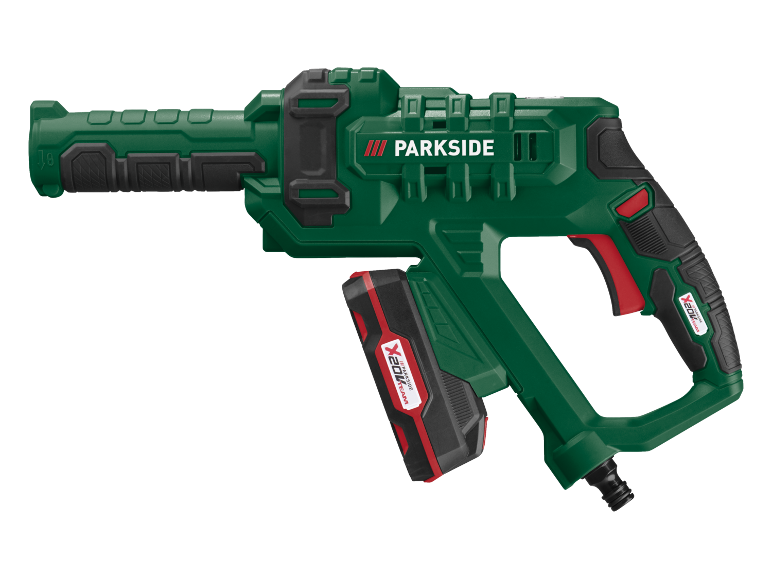 Green cordless pressure washer gun with a red and black battery.
