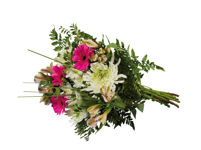 Bouquet of flowers with pink gerberas, white chrysanthemums, and alstroemerias.