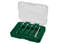 Drill bit set with diamond-tipped and carbide-tipped bits in a green case.