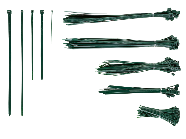 Green cable ties of various lengths and in bundles.