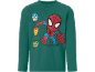 Dark green long-sleeved kids' T-shirt with Spider-Man, Captain America, Iron Man, and Hulk.