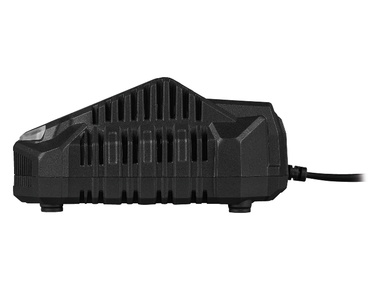 Black battery charger with ribbed surface and cable.