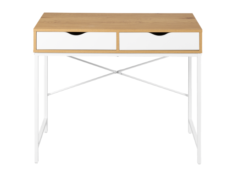 Wooden desk with two white drawers and a white metal frame.