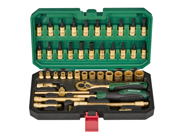 Tool set with ratchet, bits, and sockets in a green case.