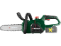 Cordless chainsaw with chain and removed battery.