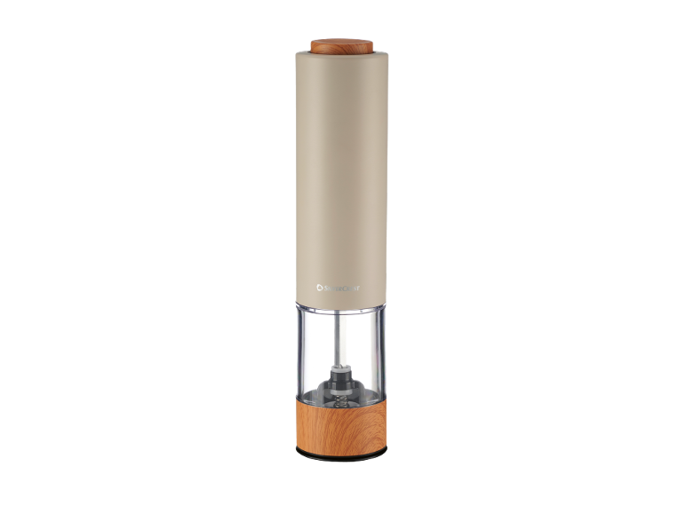 Electric salt or pepper mill in beige with wooden accents.