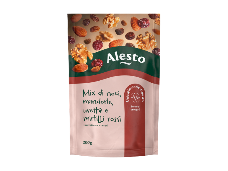 Mix of nuts, almonds, raisins, and cranberries, dried and sweetened, source of omega-3.