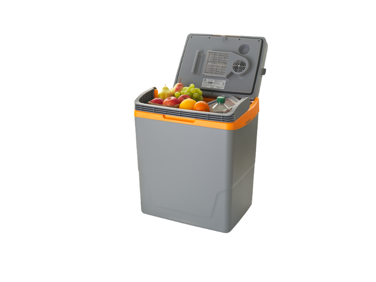 Grey and orange portable cooler with fresh fruit and drinks.