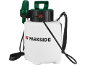 White garden sprayer with green and black details, featuring a carrying strap.