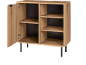 Wooden cabinet with an open door and shelves, featuring black legs