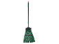 Green broom with a long black handle and a red grip.