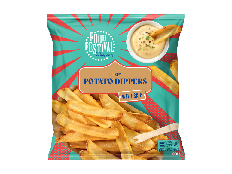 Crispy potato dippers with skin, served with a dip, on a vibrant food festival-themed bag.