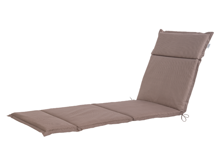 Brown sun lounger cushion with headrest and ties, angled view.