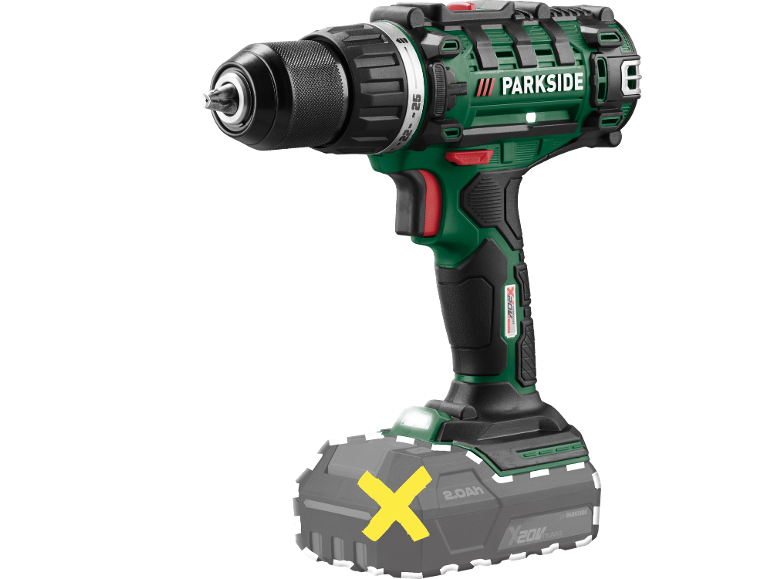 Green and black cordless drill with a gray battery.