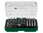 Screwdriver bits and drill bits set in a green case with a clear lid.