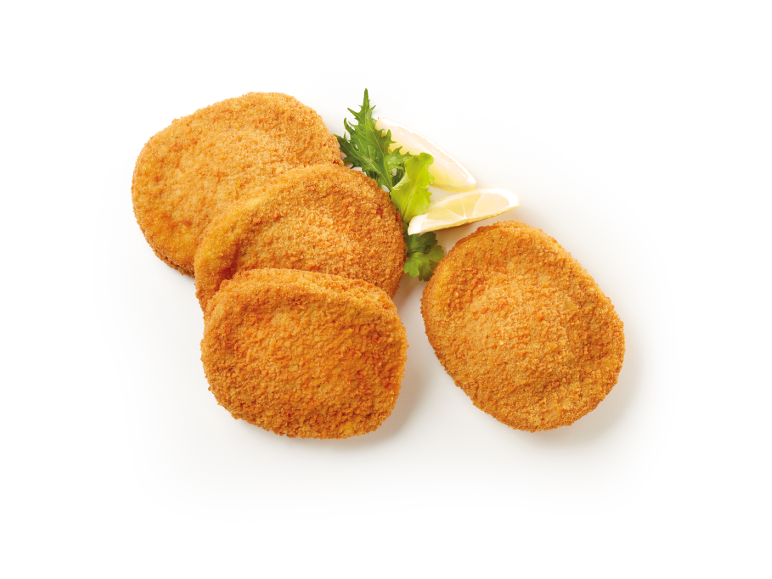 Five breaded chicken cutlets with lemon and lettuce.