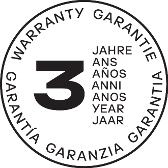 3-year warranty seal in multiple languages.