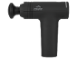 Black massage gun with a round head attachment and a textured grip.
