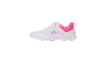 White sports shoes with pink details, laces, and a thick sole.