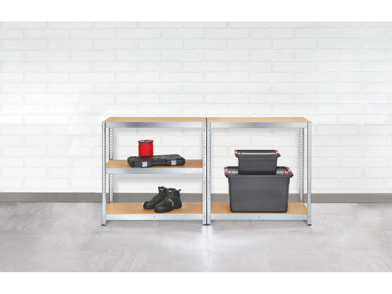 Metal shelving units with wooden boards, holding tools, shoes, and storage boxes.