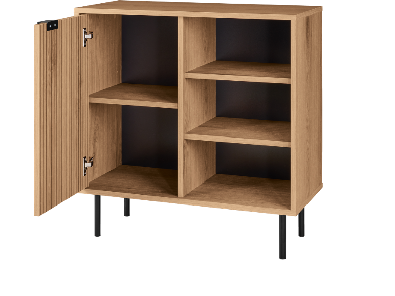 Wooden cabinet with an open door and shelves, featuring black legs