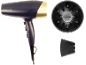 Dark blue hairdryer with gold accents, a diffuser, and a concentrator nozzle.