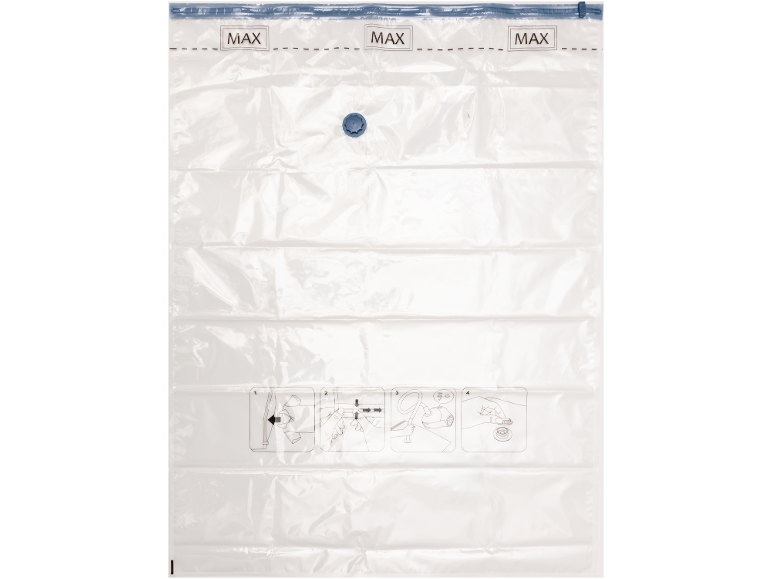 Transparent vacuum storage bag with usage instructions and MAX marking.