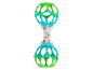 Baby rattle with green and turquoise spheres and colorful beads.