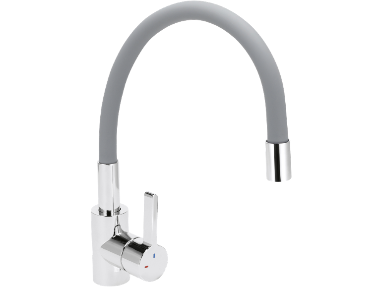 Kitchen faucet with a grey flexible spout and chrome finish.
