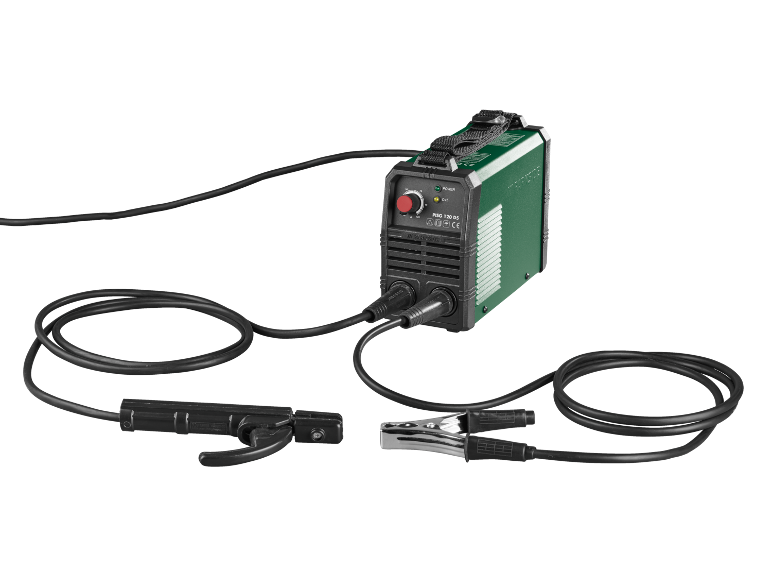 Green welding machine with cables and clamps on a black background.