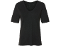 Black short-sleeved V-neck t-shirt.