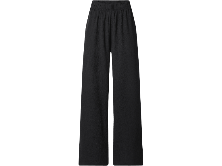 Black wide-leg trousers with an elasticated waist and crinkled texture.