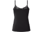 Black spaghetti strap top with lace trim neckline.