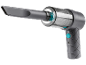 Grey and turquoise handheld vacuum cleaner with crevice tool and visible filter.