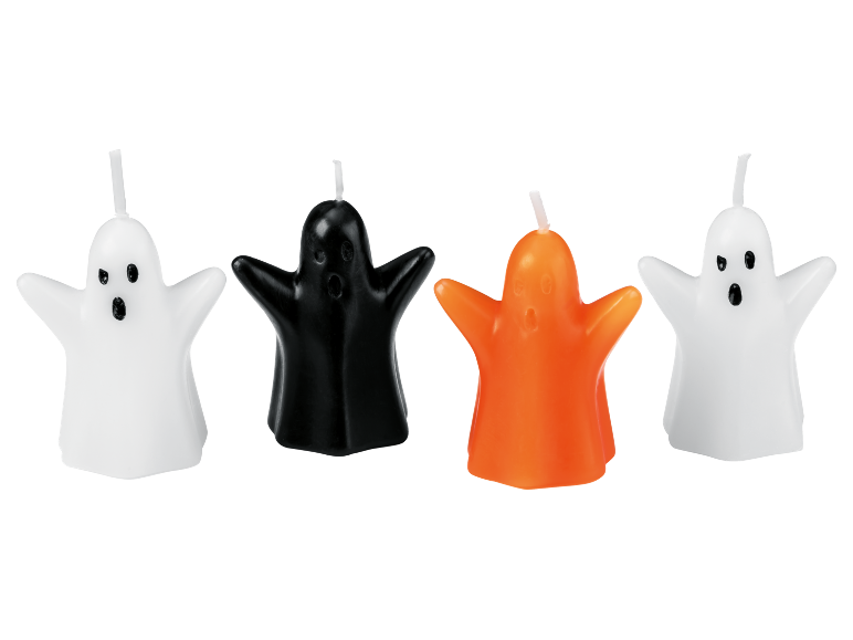 Halloween ghost candles in white, black, and orange.