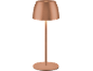 Copper table lamp with a round base and shade.
