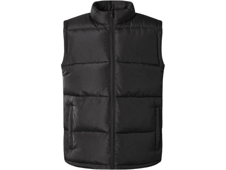 Men's black puffer vest with a front zipper.