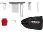 Set of tools and accessories, including metal brackets, a wrench, a red adapter, and a black bag.