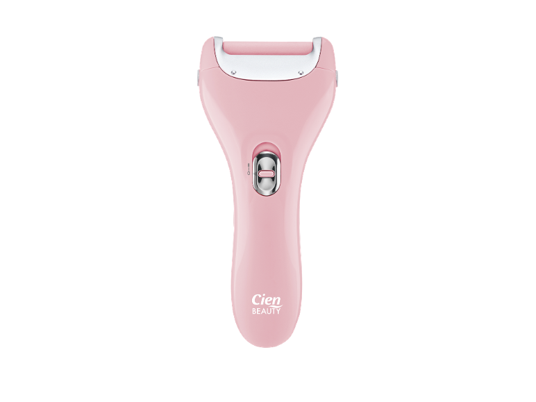 Pink electric callus remover with a silver roller head and a switch.