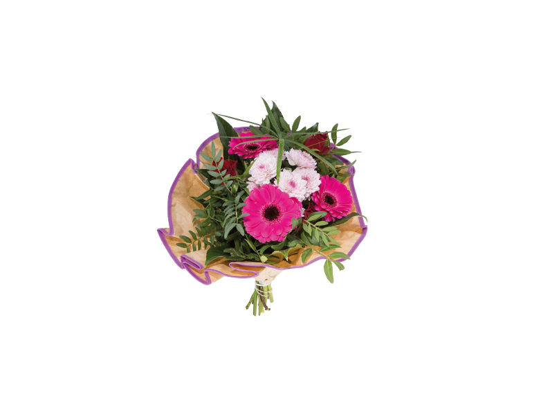 Bouquet with pink gerberas, light pink chrysanthemums, and red roses, wrapped in brown paper.