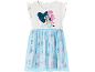 White and blue dress with heart sequins and cartoon characters.