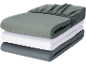 Stack of three fitted sheets: green, white, and grey.