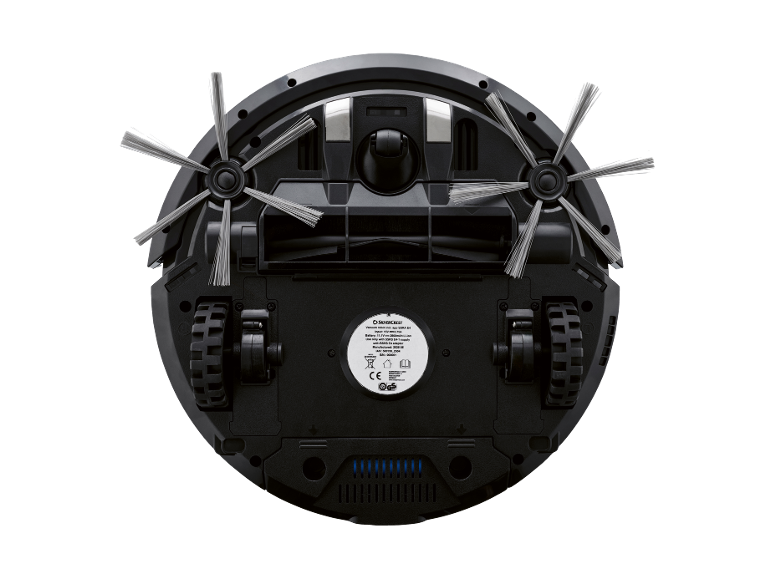 Underside of a black robot vacuum cleaner with side brushes and wheels.