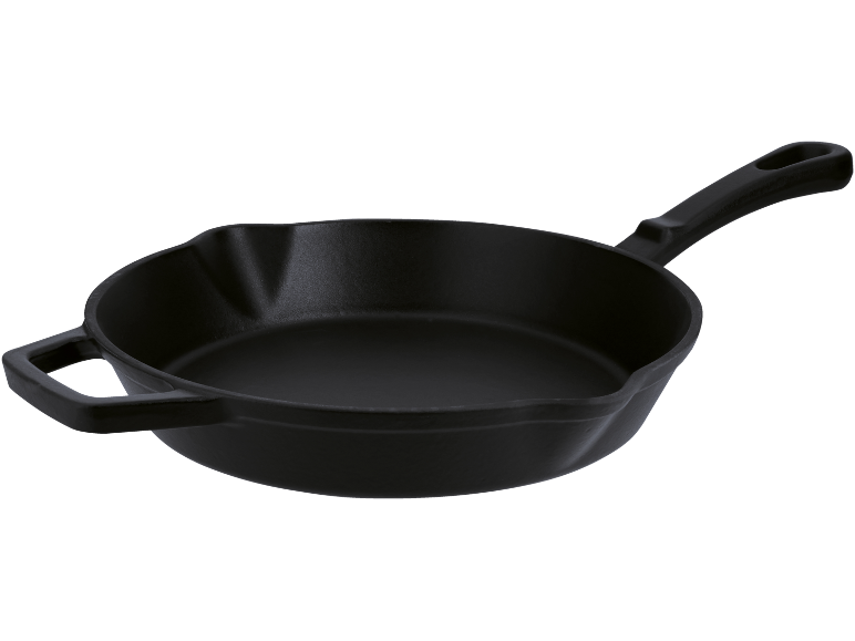 Black cast iron skillet with a short handle and a long handle.