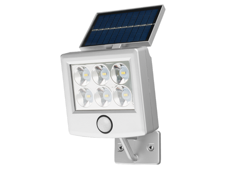 Solar-powered LED outdoor light with motion sensor, silver-colored.