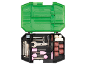 Rotary tool accessory kit with drill bits, brushes, grinding stones, and sanding bands in a green case.