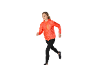 Woman running in an orange running jacket and black leggings.