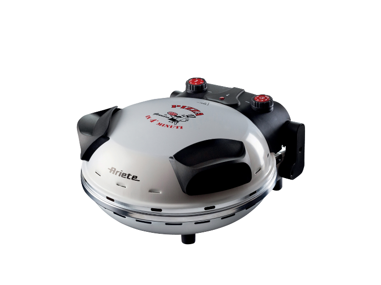 White electric pizza oven with black and red details, featuring 'PIZZA IN 4 MINUTI' text.