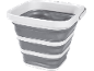 Grey and white collapsible bucket with handles, ideal for home or camping.