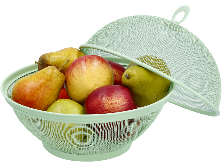 Green mesh fruit basket with apples and pears, with lid.